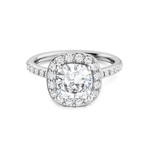 Cushion-Cut Diamond Engagement Ring with Halo and Pav&eacute; Band